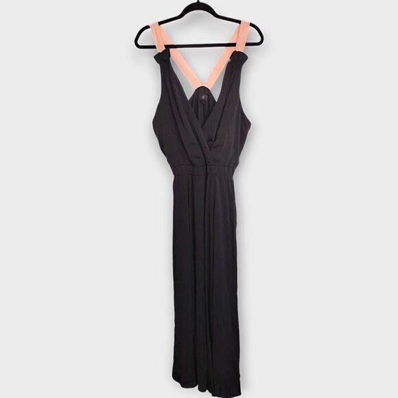 Banana Republic‎ Womens Maxi Sz 16 Black Peach Ribbon Straps Elastic Waist Gown - Picture 1 of 15
